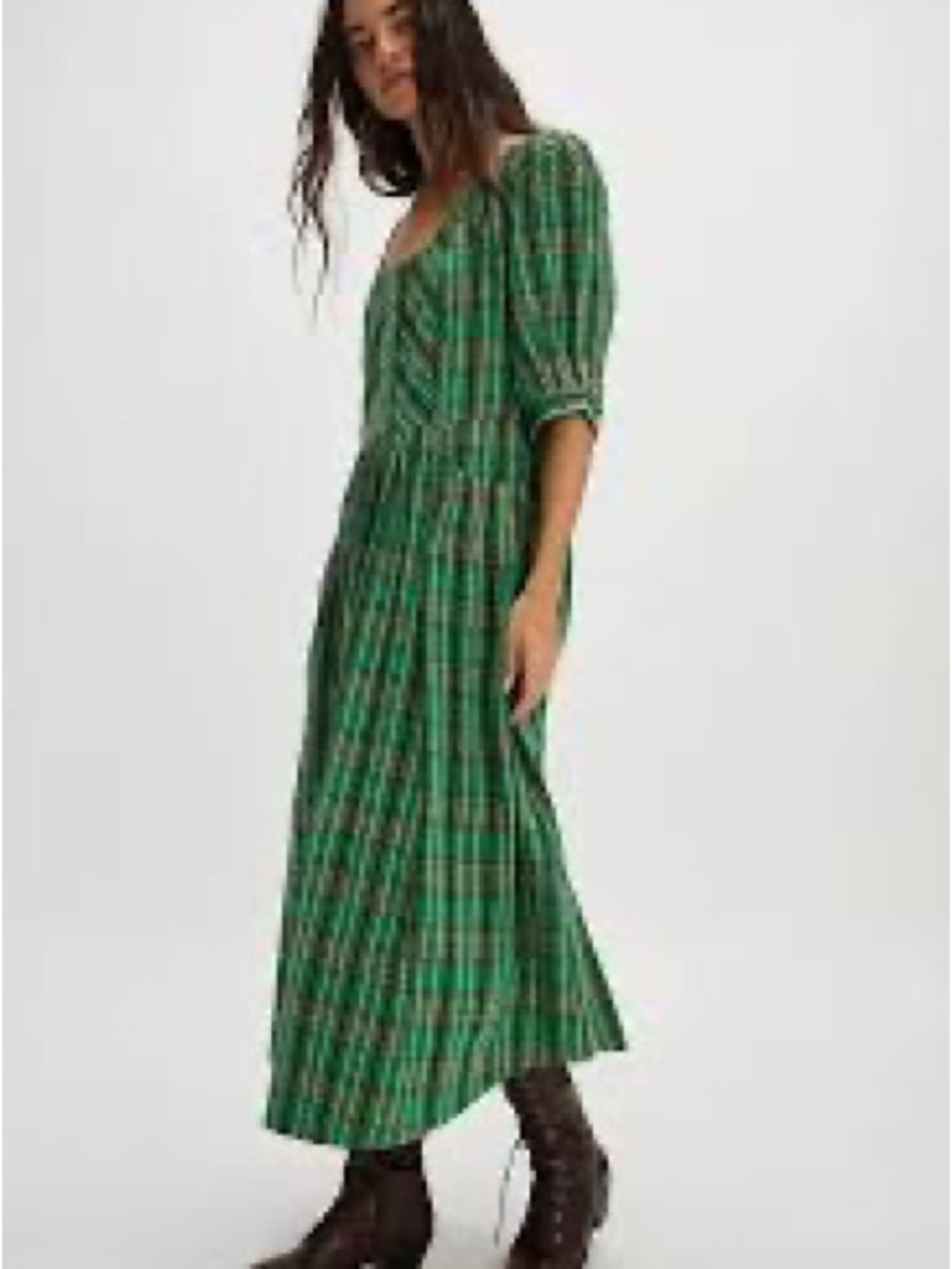 Free People Green Plaid Maxi Dress with Puff Sleeves